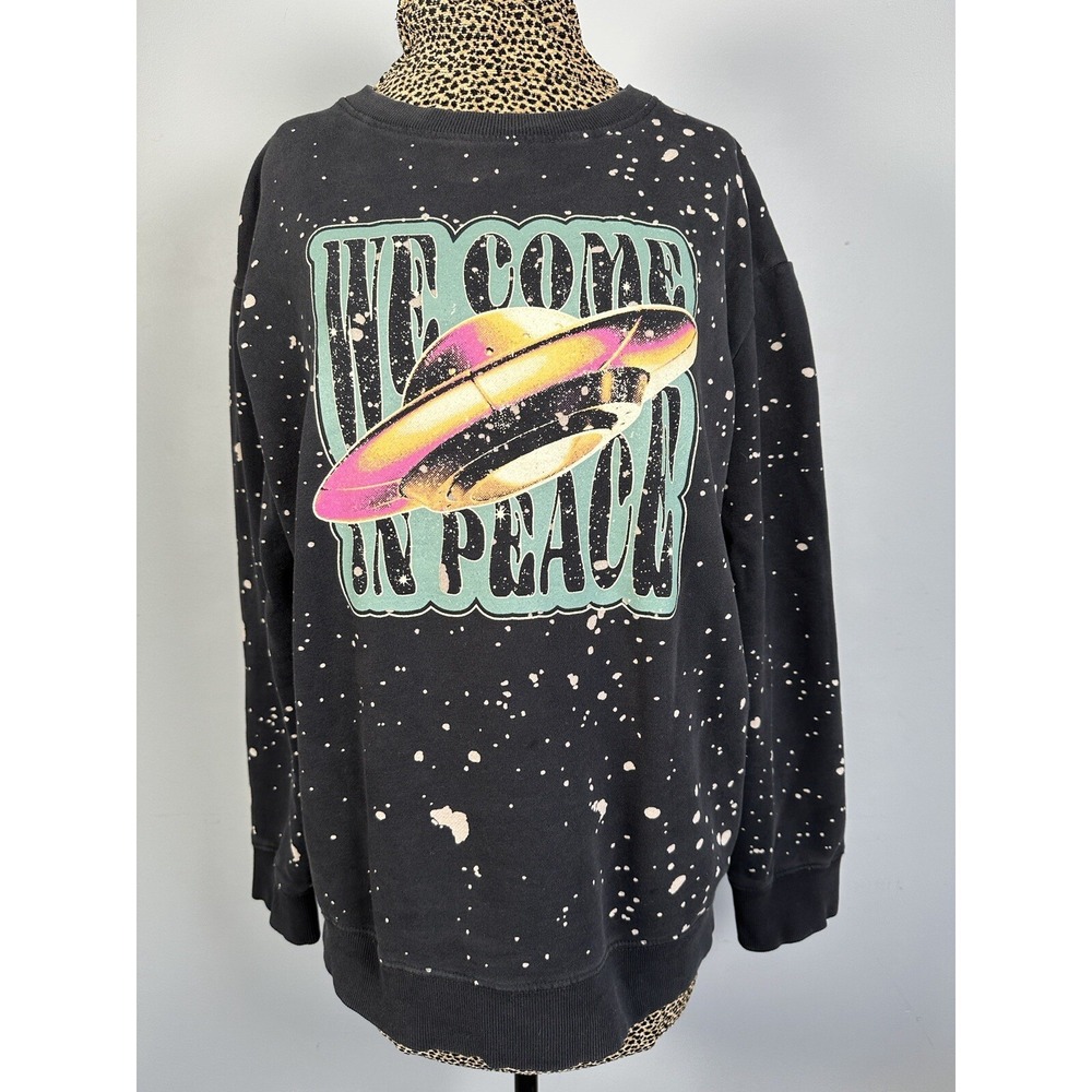 We Come in Peace Small Womens Sweatshirt Black Space Long Sleeve Crew Speckled‎
